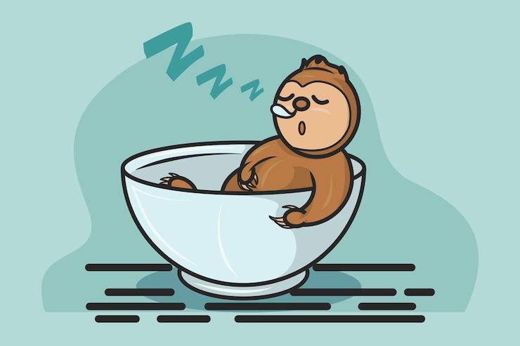 Vector illustration of a slow loris sleeping peacefully on a mack on a light blue background