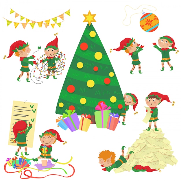 Illustrazione di piccoli elfi svegli che decorano l'insieme dell'albero di natale.