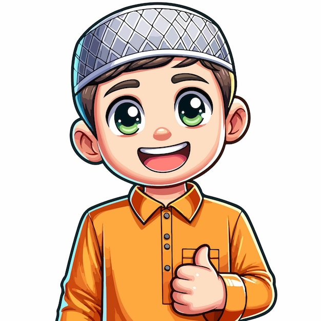 Vector illustration of a small muslim boy in an orange shirt who is happy