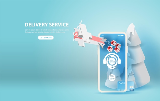 Illustration of smartphone with paper plane gift online delivery service application concept.merry christmas season.paper cut and craft on blue background.graphic minimal order transport  vector eps10