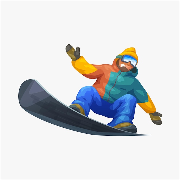 Vector illustration of smiling cartoon snowboarder extreme riding isolated on white backdrop