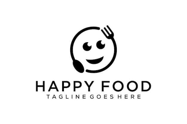 スプーンとフォークのおいしい食べ物のロゴデザインで幸せそうな顔を笑顔のイラスト