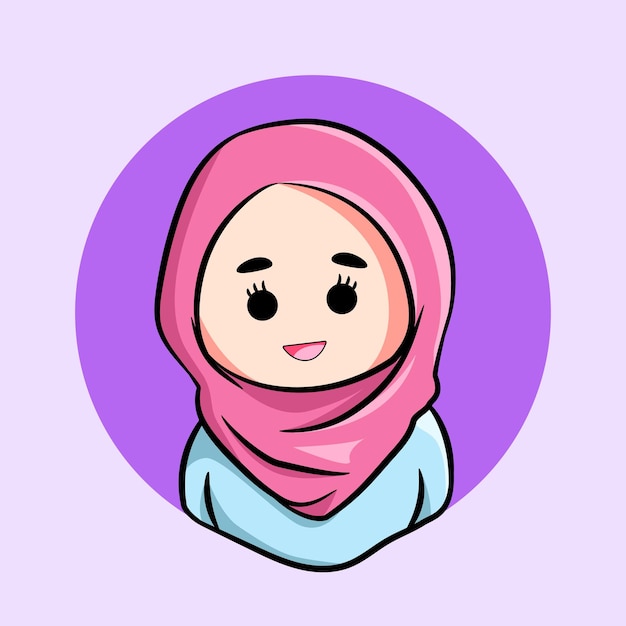 ピンクのヒジャーブを身に着けている笑顔のイスラム教徒の少女キャラクターのイラスト