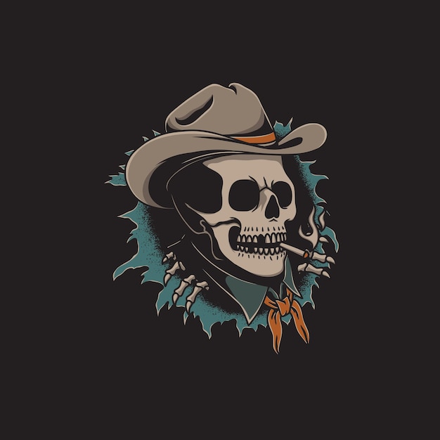 Illustrazione del teschio fumante che indossa un cappello da cowboy con lo stile del tatuaggio della vecchia scuola