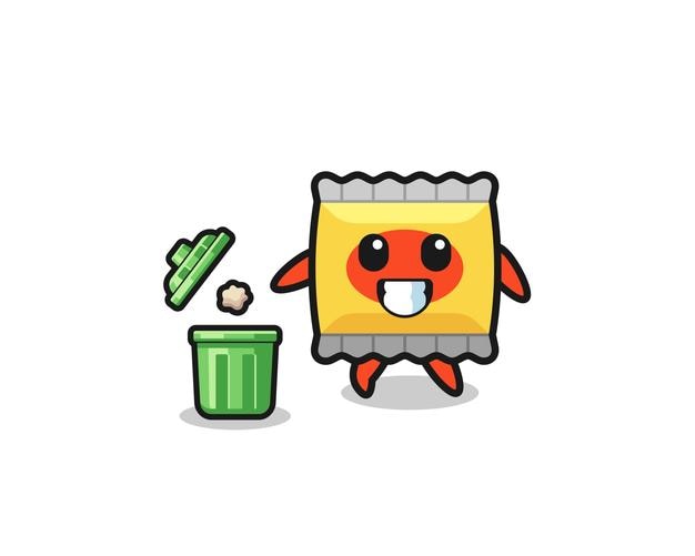 Illustration of the snack throwing garbage in the trash can