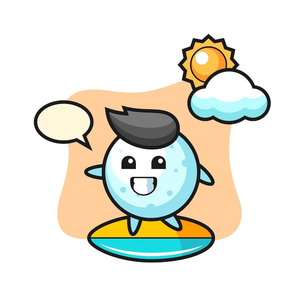 Vector illustration of snow ball cartoon do surfing on the beach