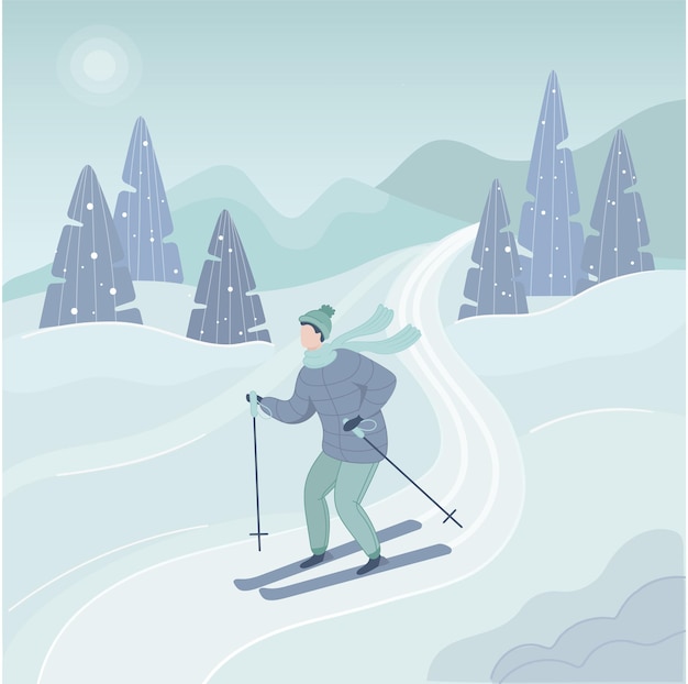 Illustration snow forest with skier. Winter landscape nature