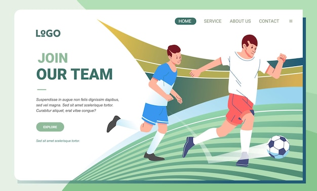 Vettore illustrazione personaggio del giocatore di calcio sul campo sportivo landing page design per banner di pagine web e app