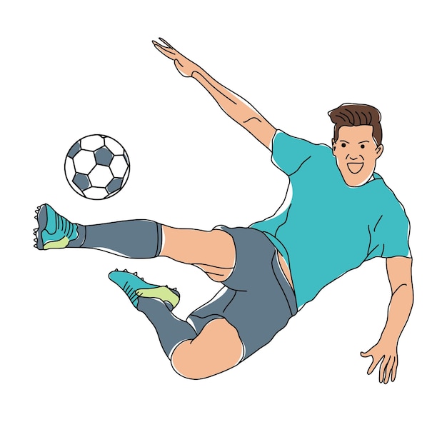 Vector illustration of a soccer player running and kicking the ball with enthusiasm on target while celebrating the victory of the goal