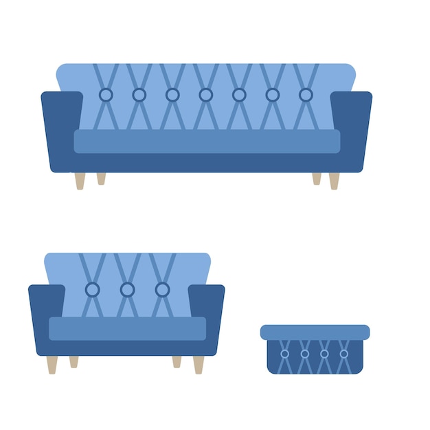 Illustration of a sofa different sizes with a pouffe decorated with buttons room interior