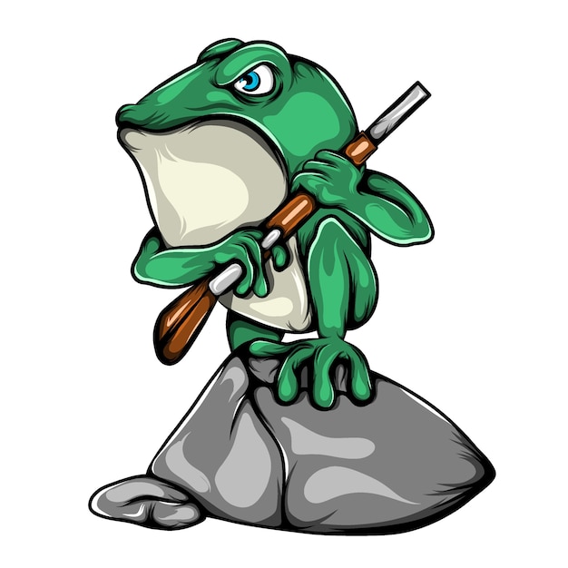 The illustration of the soldier green frog holding the shoot gun and standing on the big stone