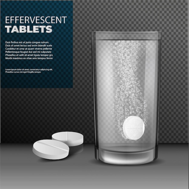 Vector illustration of soluble round tablets in a glass of water and a container for them
