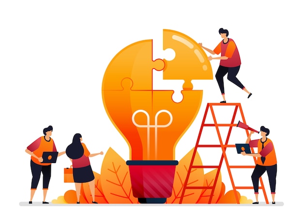   illustration of solve problems. find solutions with teamwork. Share ideas with brainstorming