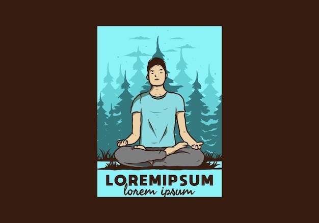 Vector illustration of a someone doing yoga and meditating outdoors in a forest in nature among pine trees