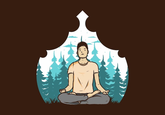 Illustration of a someone doing yoga and meditating outdoors in a forest in nature among pine trees