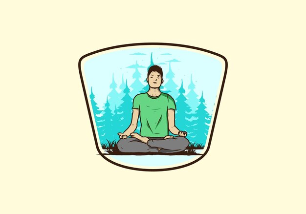 Vector illustration of a someone doing yoga and meditating outdoors in a forest in nature among pine trees