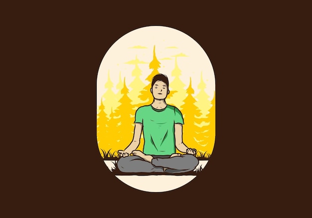 Illustration of a someone doing yoga and meditating outdoors in a forest in nature among pine trees