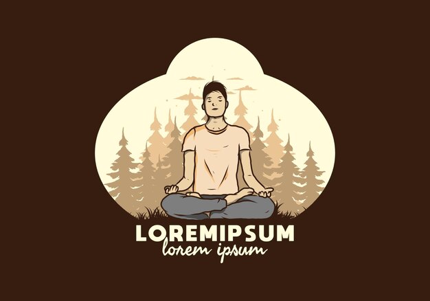 Illustration of a someone doing yoga and meditating outdoors in a forest in nature among pine trees