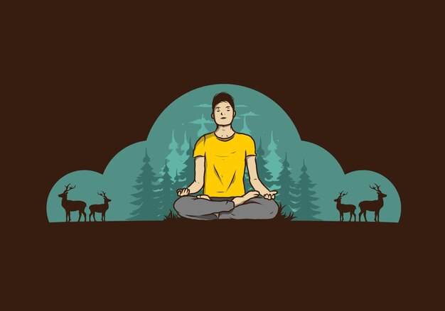 Illustration of a someone doing yoga and meditating outdoors in a forest in nature among pine trees