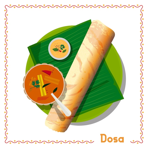 Vector illustration of south indian food breakfast dosa on banana leaf