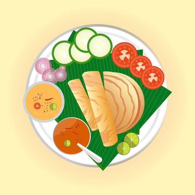 Vector illustration of south indian food breakfast dosa on banana leaf