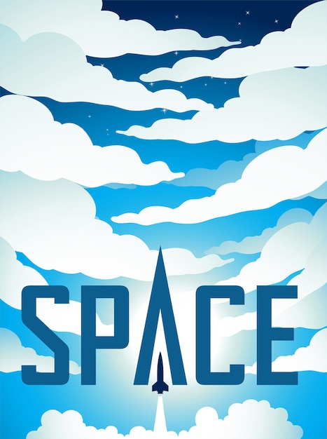 Illustration of space poster of rocket launch over a blue cloudy night sky