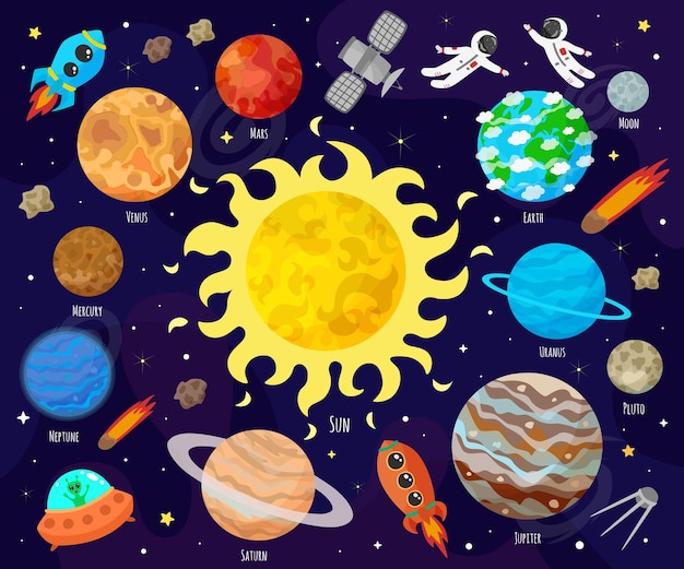 Illustration of space, universe. cute cartoon planets, asteroids, comet, rockets. kids illustration.