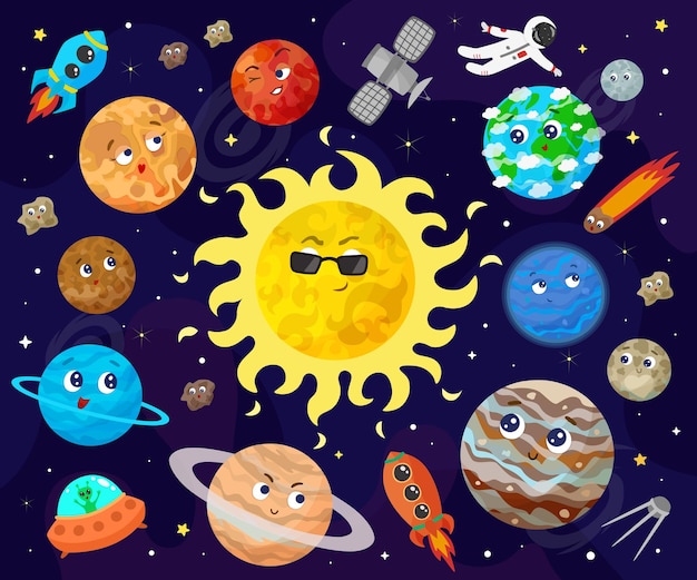 Vector illustration of space, universe. cute cartoon planets, asteroids, comet, rockets.