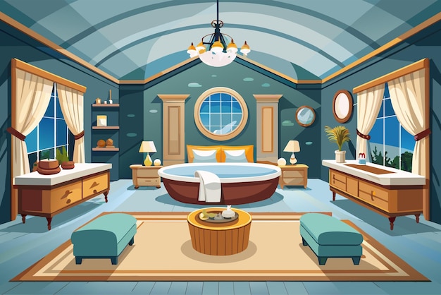 Vector illustration of a spacious bedroom with a large bed freestanding bathtub and extensive windows offering a mountain view the room features two armchairs a dresser and a rug