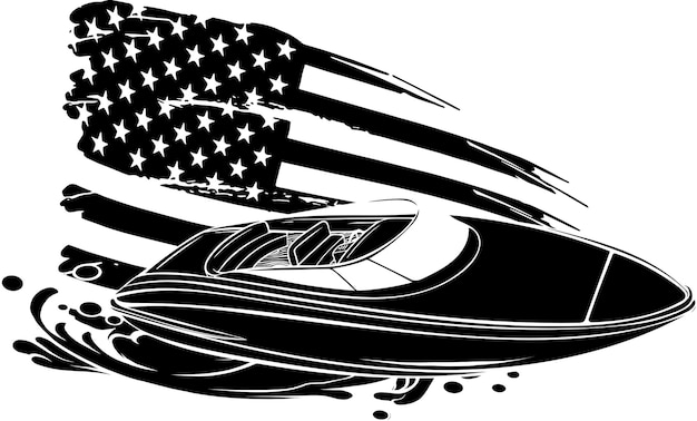 Vector illustration of speedboat sea waves with american flag