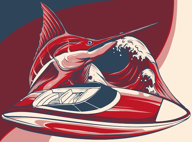 illustration of speedboat with marlin fish