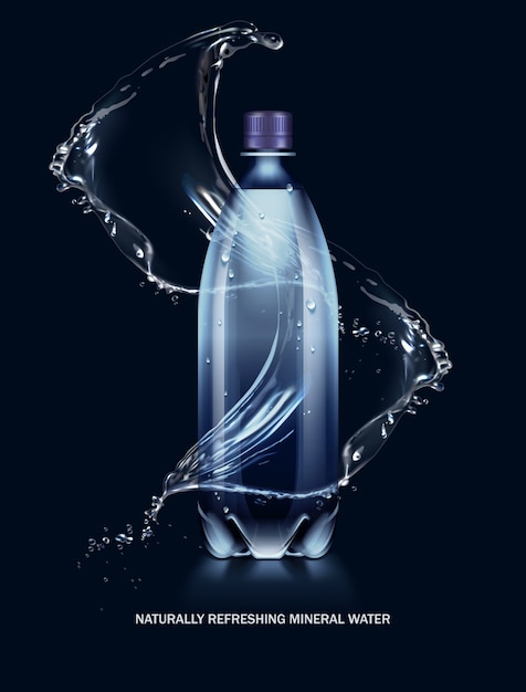 Vector illustration of splashes of water flowing around plastic bottle with cap