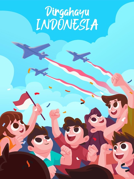 Illustrazione dello splendore della celebrazione dell'indipendenza dell'indonesia con acrobazie di caccia a reazione