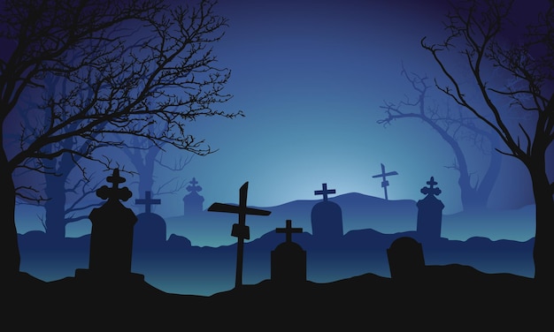 Vector illustration of a spooky landscape and a forest with dead and dry trees, a cemetery with tombstones