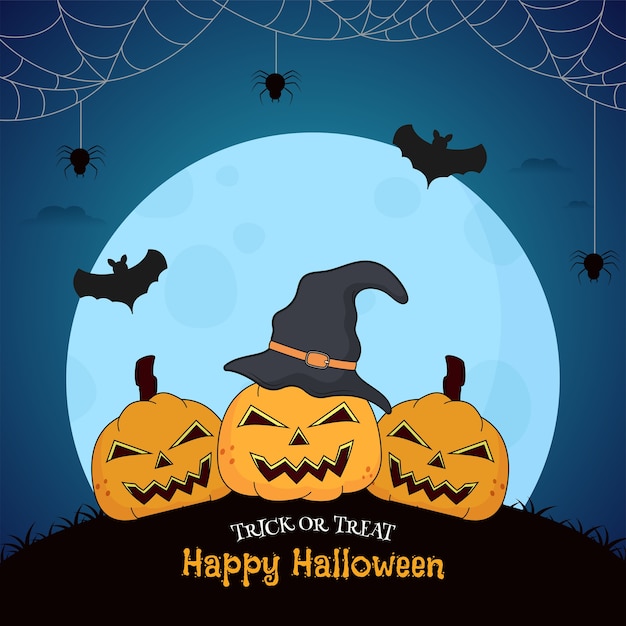 Illustrazione di zucche spettrali con cappello da strega, pipistrelli che volano e ragnatela su sfondo blu luna piena per happy halloween dolcetto o scherzetto.