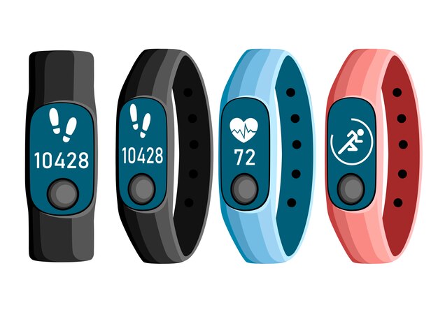 Illustrazione di accessori per lo sport. collezione di smart band. cinturino con contapassi per l'attività di corsa e cardiofrequenzimetro. bracciale sportivo con bottone