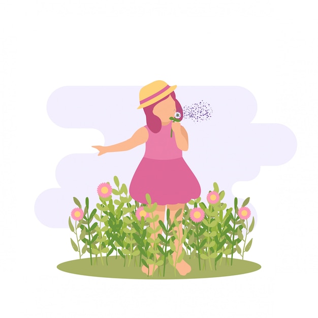 Vettore illustrazione primavera ragazza carina bambino giocando fiore e farfalla alla festa in giardino all'aperto