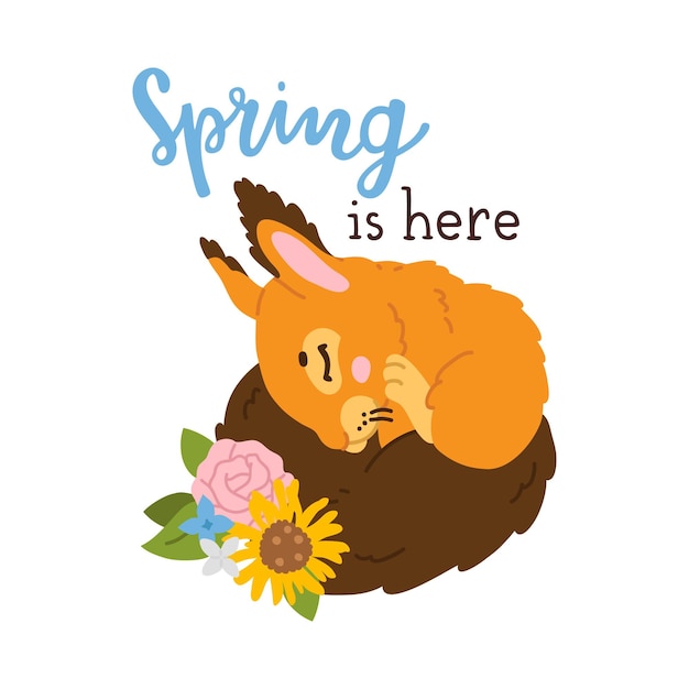 Vector illustration of spring is here print with cute cartoon squirrel baby sleeping and hand drawn letter