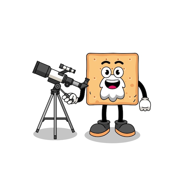 Illustration of square cracker mascot as an astronomer