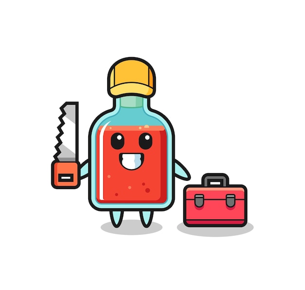 Illustration of square poison bottle character as a woodworker cute design