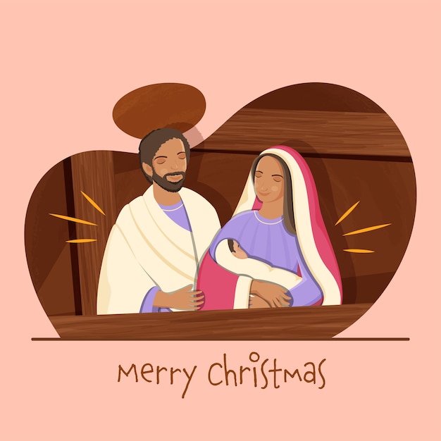 Vector illustration of st. joseph and the virgin mary holding infant baby (jesus) on peach and brown wooden background for merry christmas celebration.