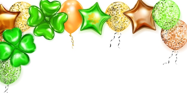 Illustration on St Patrick's Day with flying colored helium balloons round starshaped and in the form of a fourleaf clover on white background