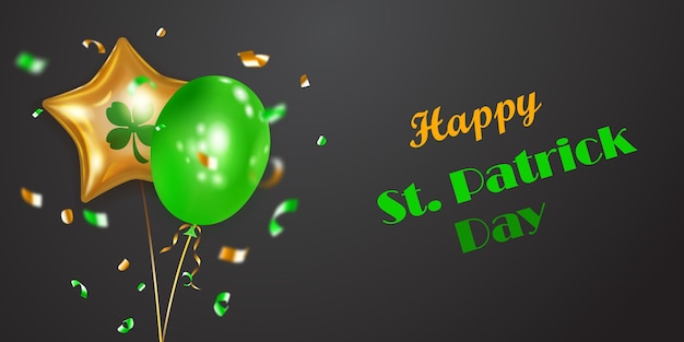 Illustration on St Patrick's Day with several colored helium balloons ordinary and in the form of a fourleaf clover and falling pieces of serpentine On black background