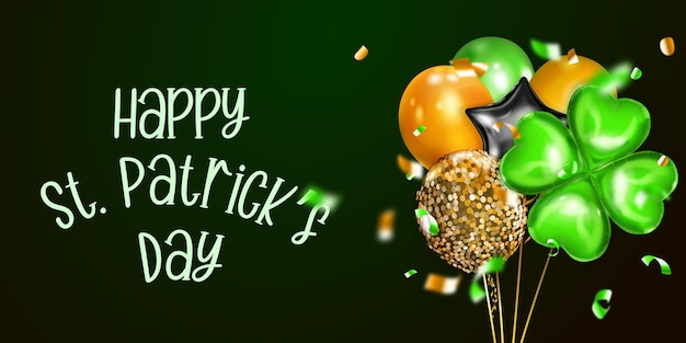 Illustration on St Patrick's Day with several colored helium balloons ordinary and in the form of a fourleaf clover and falling pieces of serpentine On dark green background