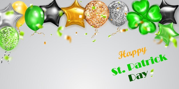 Illustration on st patricks day with flying colored helium balloons round starshaped and in the form of a fourleaf clover and falling pieces of serpentine on white background