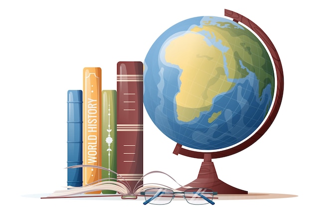 Vettore illustrazione di una pila di libri e di un globo istruzione di studio a tema scolastico torna alla conoscenza della scuola