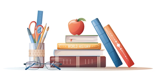 Illustration of a stack of books with stationery School theme study education Back to school