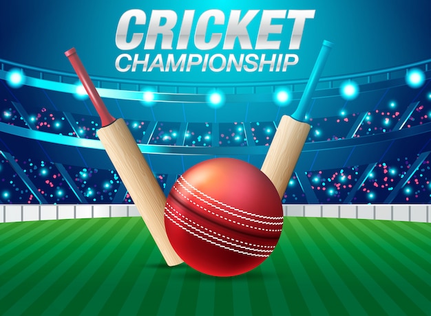 Vector illustration of stadium of cricket with ball on pitch