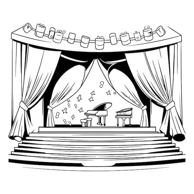 Illustration of a stage with curtains and grand piano on a white background