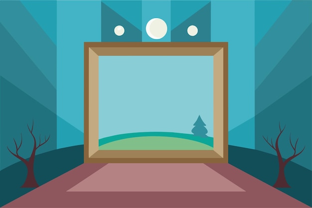 Vector illustration of a stage with an empty picture frame in the center flanked by bare trees on either side set against a geometric blue background with three spotlights at the top